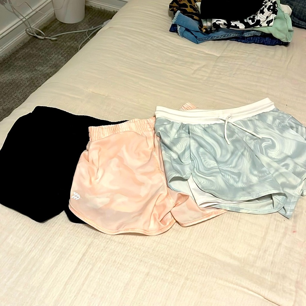 3 shorts, black, pink, greenish blue